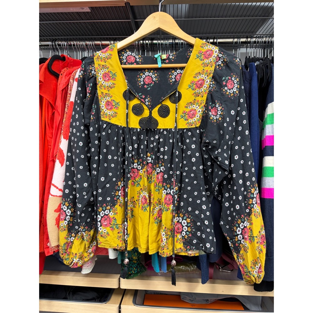 FARM Rio Mixed Floral Polka Dot Blouse Yellow Black Tassel Tie Top Small